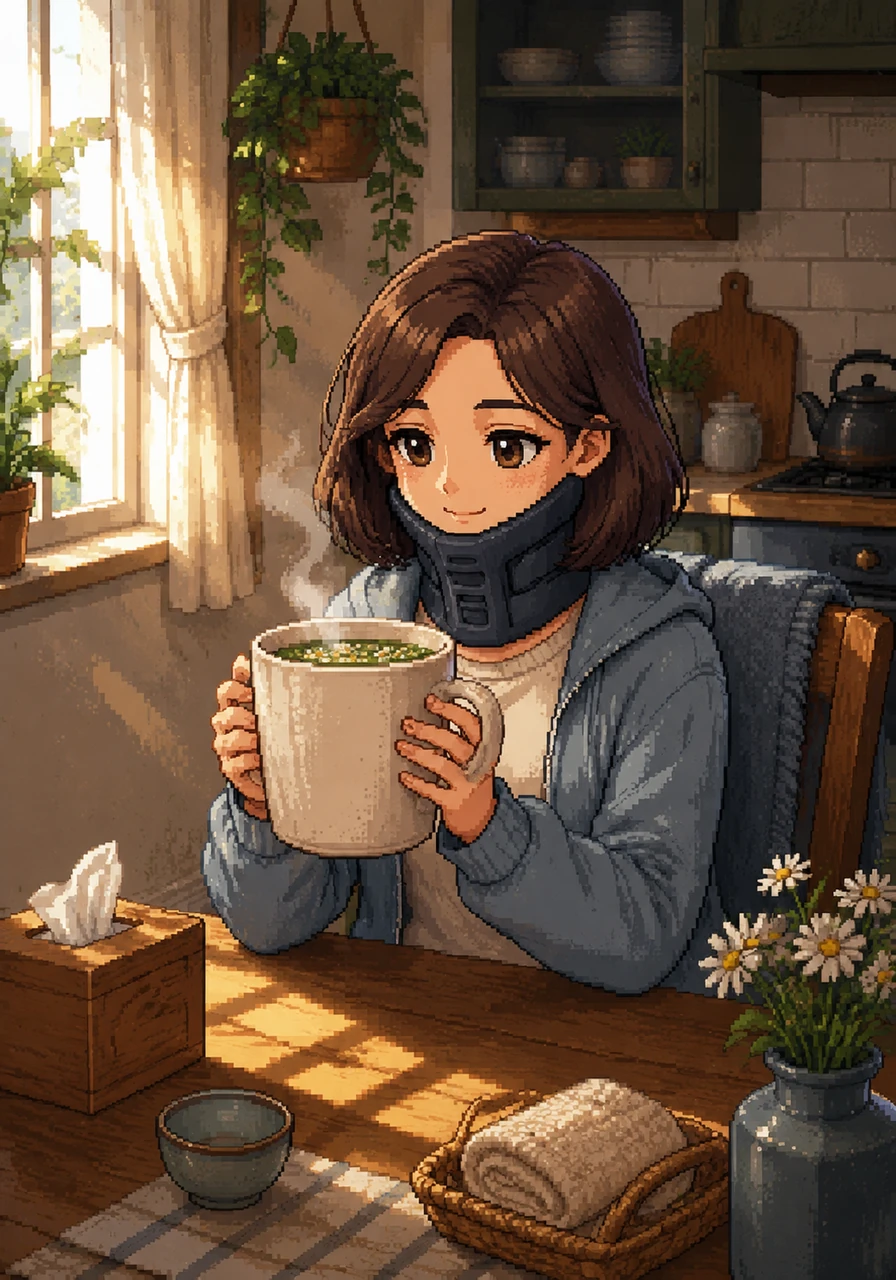 Monday morning arrives, and the bright stage lights are replaced by quiet solitude as Melody wakes up with her weekly bout of laryngitis. Sitting at a sunlit kitchen table with a giant mug of steaming herbal tea, she smiles peacefully, embracing her strict ritual of absolute vocal rest.