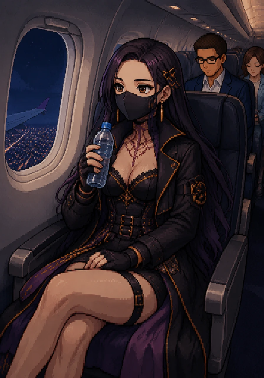 Boarding a late-night flight to Los Angeles, Melody transforms into a picture of quiet sophistication. She settles into her window seat wearing a protective silk face mask, holding a bottle of water, fully focused on protecting her throat from the dry airplane air as she flies toward the man she loves.