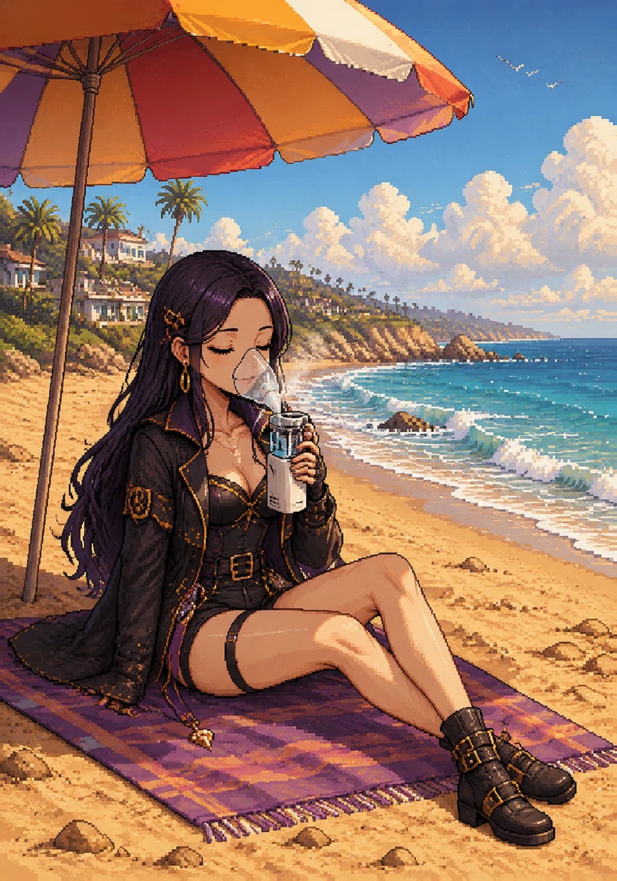On a bright, golden Malibu beach, Melody relaxes on a plush towel under a wide umbrella, letting the warm California sun heal her voice. She breathes in the soothing mist from her specialized portable nebulizer, completely at peace as the ocean waves crash gently in front of her.