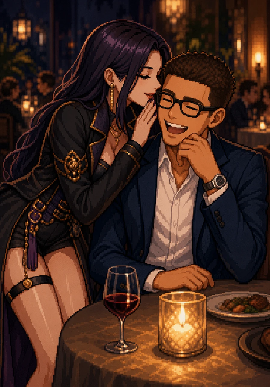 Dressed in a glamorous, high-fashion outfit with short shorts that showcase her long, head-turning legs, Melody sits at a chic Hollywood restaurant with her partner, the theater's director. She leans in close, playfully whispering without an ounce of vocal tension, making him laugh over candlelight.