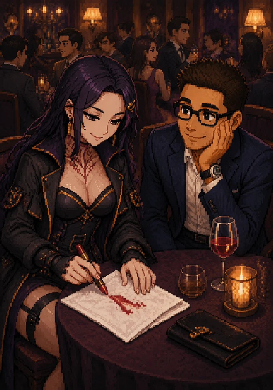 With a mischievous glint in her eye, Melody takes a vibrant red lipstick and writes a witty, playful note directly onto a crisp white cloth napkin. Her director boyfriend watches with absolute adoration, charmed by her creative way of communicating in the noisy, bustling lounge.