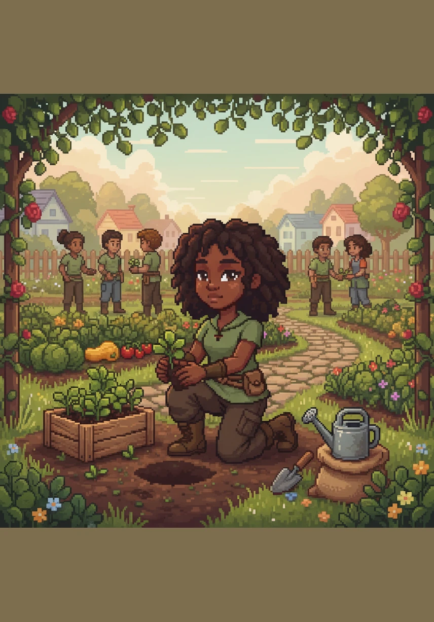 In a once-empty lot, Maya kneels in the rich earth to plant a community garden filled with vibrant vegetables and blooming flowers. As the plants grow toward the sun, she feels her own roots of resilience deepening in the neighborhood she calls home.