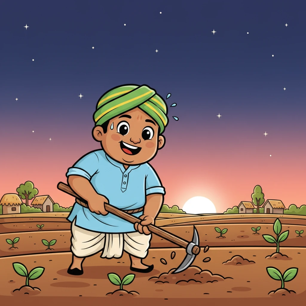 छोटे से गाँव में रामू नाम का एक मेहनती किसान रहता था। वह हर सुबह सूरज उगने से भी पहले उठ जाता था, जब तारे अभी भी टिमटिमाते रहते थे। अपने प्यारे खेत में जाकर, वह खुशी-खुशी मिट्टी खोदने और बीज बोने का काम करता था। उसकी मुस्कान और उसके पसीने की बूंदें खेत को हरा-भरा रखती थीं।