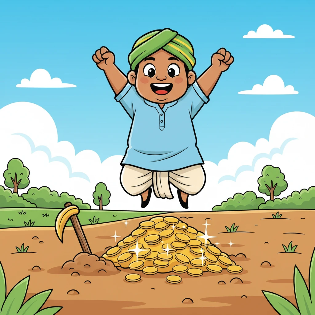 एक चमकीली सुबह, जब रामू अपने खेत में हल चला रहा था, उसकी कुदाल अचानक किसी कठोर चीज़ से टकराई। मिट्टी हटाकर देखा, तो उसकी आँखें चमक उठीं! वहाँ सोने के सिक्कों का एक बड़ा ढेर था, जो सूरज की रोशनी में जगमगा रहा था। रामू खुशी से उछल पड़ा, जैसे उसे कोई जादुई खज़ाना मिल गया हो।
