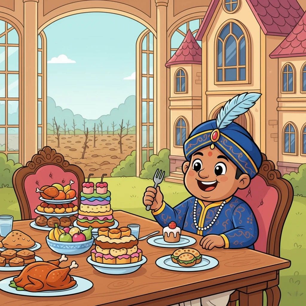 रामू ने वह सारा सोना बेच दिया और पलक झपकते ही बहुत अमीर बन गया। उसने खेती छोड़ दी और सोचा कि अब उसे कभी काम नहीं करना पड़ेगा। वह आलीशान घर में रहने लगा, नए कपड़े पहनने लगा और हर दिन स्वादिष्ट खाना खाता था। उसका खेत खाली पड़ा रहता था, धीरे-धीरे सूखता जा रहा था।