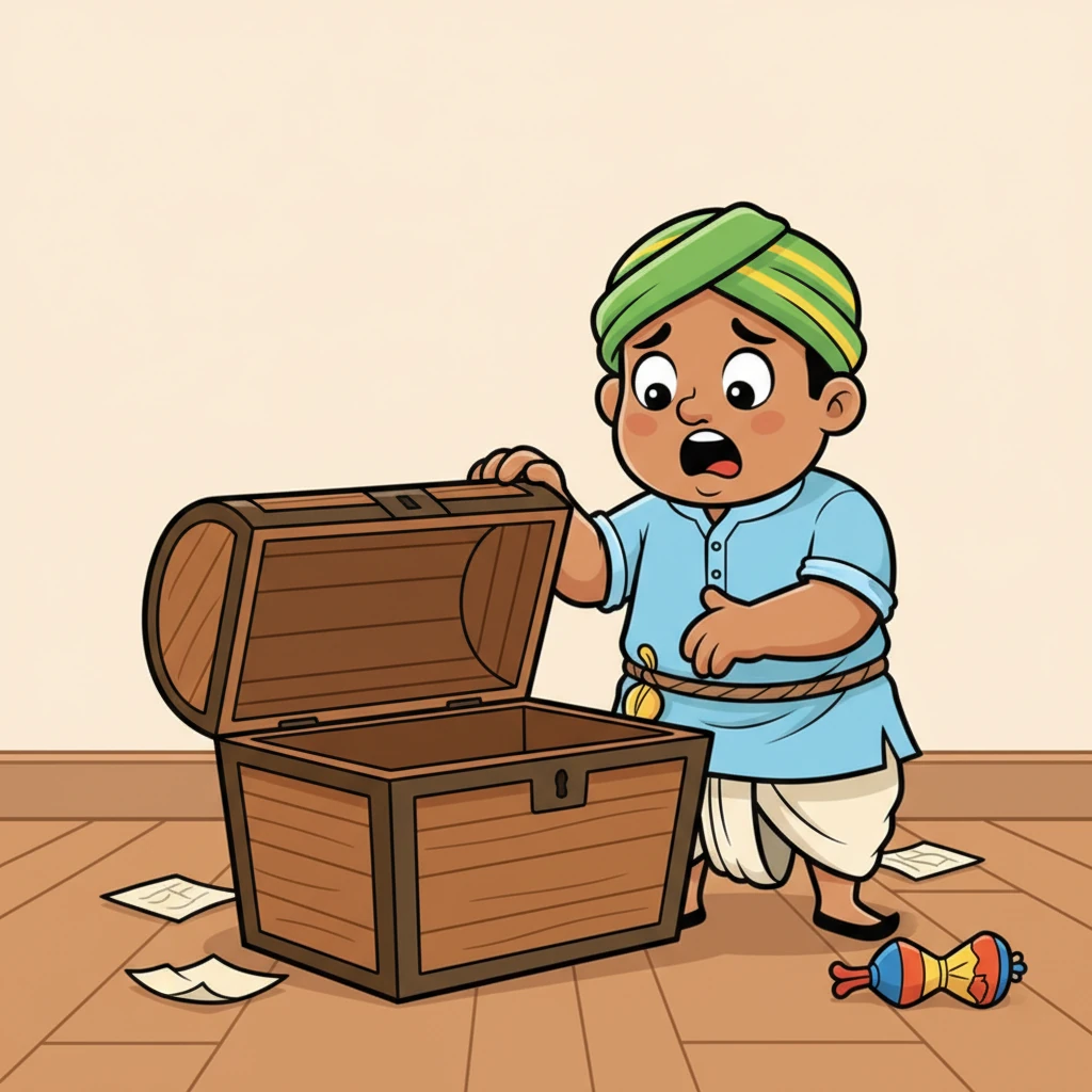 लेकिन रामू ने सोचा नहीं था कि पैसे खर्च करना कितना आसान होता है। उसने बिना सोचे-समझे बहुत सारा पैसा खर्च कर दिया। एक दिन, उसने अपनी तिजोरी खोली, तो वह खाली थी! उसके पास अब एक भी सिक्का नहीं बचा था, और वह फिर से गरीब हो गया था।