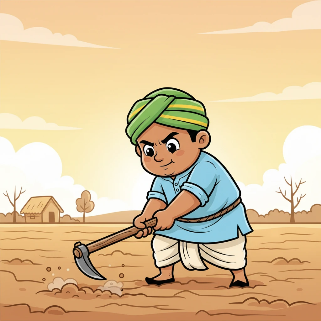 अगले दिन सुबह, रामू फिर से सूरज उगने से पहले उठा। उसने अपनी पुरानी कुदाल उठाई और अपने खेत की ओर चल पड़ा। उसने धीरे-धीरे सूखी मिट्टी को फिर से खोदना शुरू किया। यह मुश्किल था, लेकिन रामू ने हार नहीं मानी।