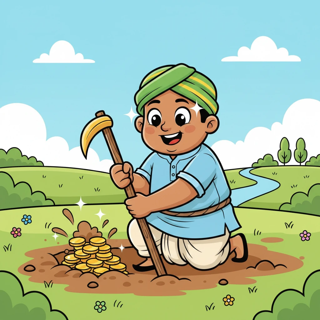 जैसे ही रामू ने कड़ी मेहनत से एक और जगह खोदी, उसकी कुदाल फिर से किसी चमकीली चीज़ से टकराई। मिट्टी हटाते ही, वहाँ फिर से सोने के सिक्कों का एक बड़ा ढेर था! यह एक और जादुई खज़ाना था, जो उसकी मेहनत का इनाम था। रामू की आँखें खुशी से चमक उठीं।