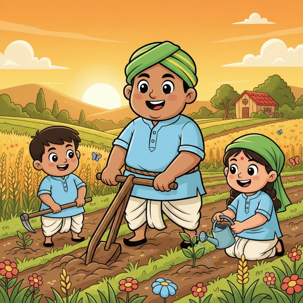 रामू और उसका परिवार अब हमेशा खुश रहते थे। उसके बच्चे भी खेत में उसकी मदद करते थे और उससे सीखते थे कि कड़ी मेहनत ही सबसे बड़ा धन है। वे जानते थे कि मेहनत का फल हमेशा मीठा होता है और कभी हार नहीं माननी चाहिए।