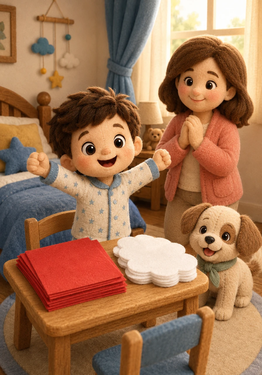 Mateo despierta muy emocionado porque hoy es 7 de junio, un día muy especial en su jardín de infancia. En su mesa lo esperan papeles de color rojo brillante y blanco como las nubes para hacer una hermosa manualidad.