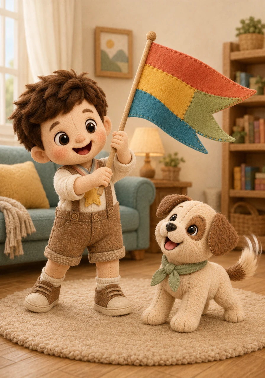 Mateo pega su linda bandera a un palito de madera suave y la agita en el aire con una gran sonrisa. Su perrito mueve la cola de alegría al ver los colores brillantes moverse de un lado a otro en la sala.