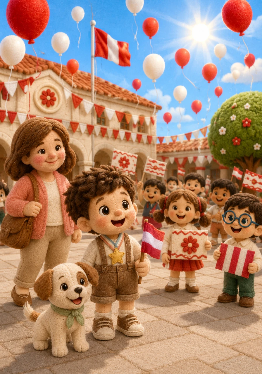 Al llegar a la escuela, Mateo ve que todo el patio está decorado con globos rojos y blancos que flotan bajo el sol brillante. Todos sus amigos del salón también traen sus propias banderas hechas en casa.