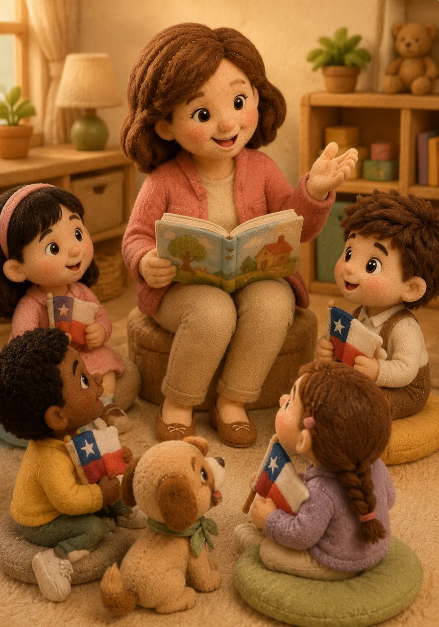 La maestra, con una voz muy dulce, les cuenta la historia de los valientes héroes que cuidaron la bandera con mucho amor. Los niños escuchan atentos con los ojos abiertos, abrazando sus banderas contra el pecho.