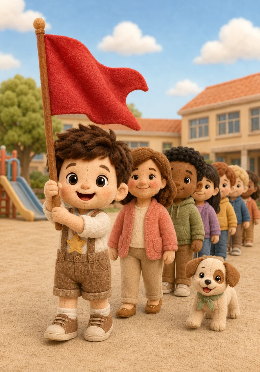 Es hora del gran desfile y todos los niños se forman en una fila muy derechita en el patio de la escuela. Mateo se para al frente, levantando su bandera lo más alto que sus pequeños brazos le permiten.