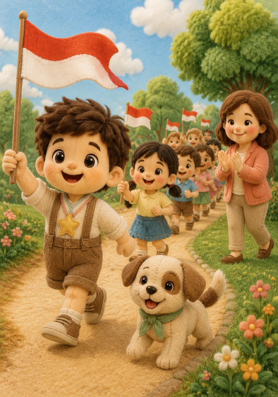 Los niños empiezan a marchar cantando una canción alegre mientras agitan sus banderas al ritmo de la música. El viento suave hace que las banderas de papel parezcan mariposas rojas y blancas bailando en el aire.