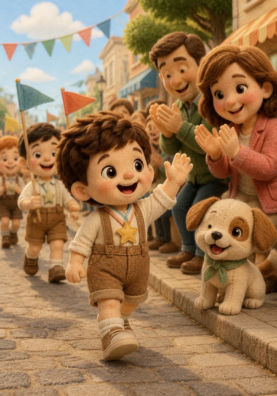 Los papás y las mamás aplauden desde los lados, sonriendo con orgullo al ver a los pequeños marchar con tanto entusiasmo. Mateo busca a su mamá entre la gente y le regala una sonrisa gigante mientras sigue marchando.