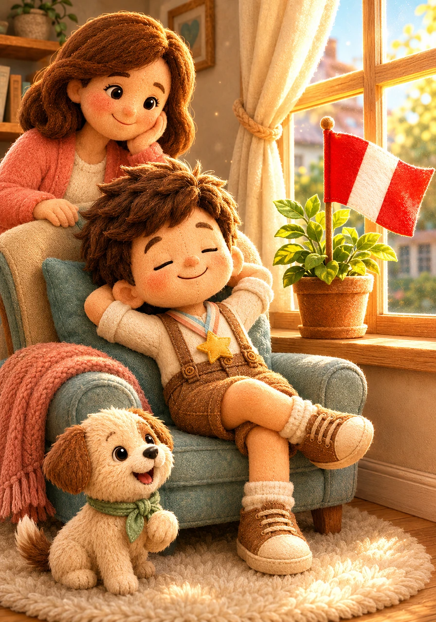 De regreso en casa, Mateo coloca su amada bandera en una maceta junto a la ventana para que todos los que pasen puedan verla. El sol de la tarde ilumina los colores rojo y blanco mientras Mateo descansa feliz, soñando con un mundo lleno de colores.