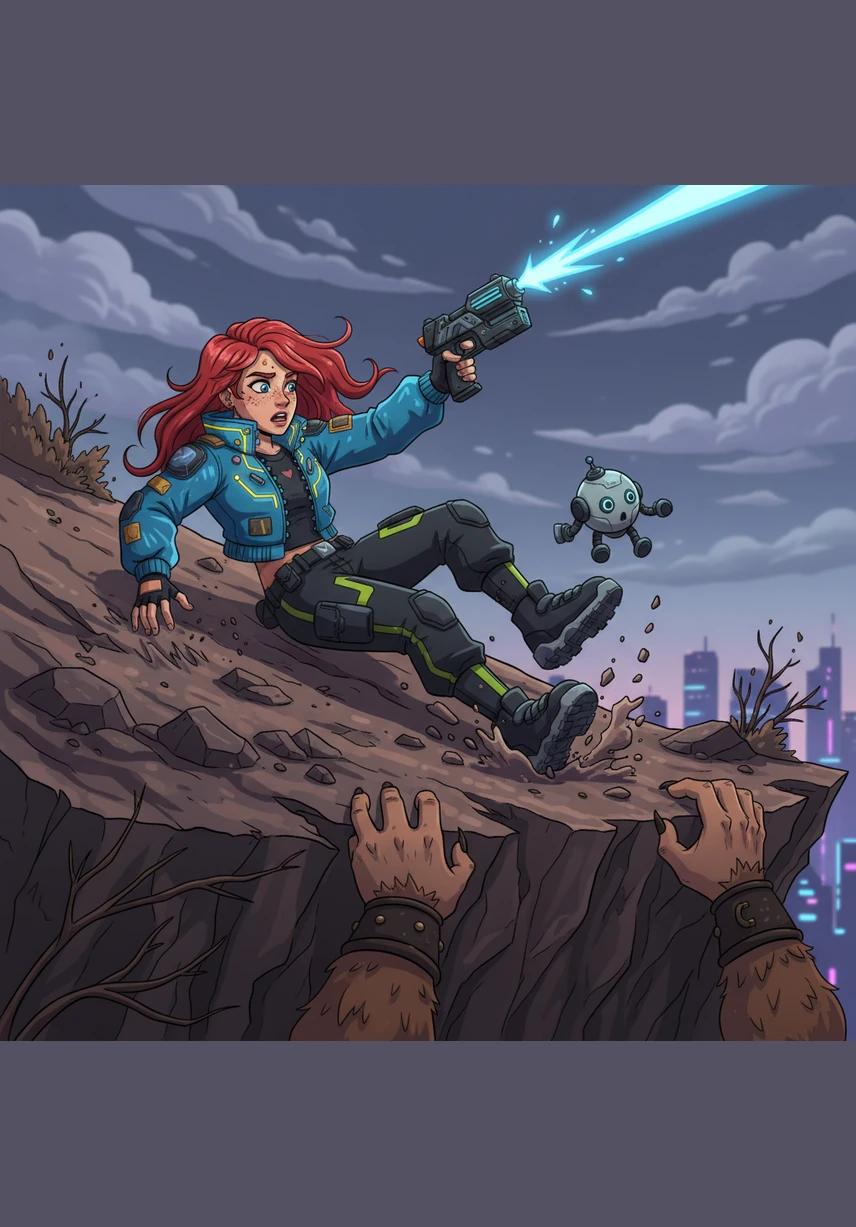 The path to the facilities is a steep, crumbling slope that causes Layla to lose her footing and nearly tumble into the gray abyss. Her mother catches her with a sharp word and a tight, protective grip, leading her forcefully down toward the weathered building below.