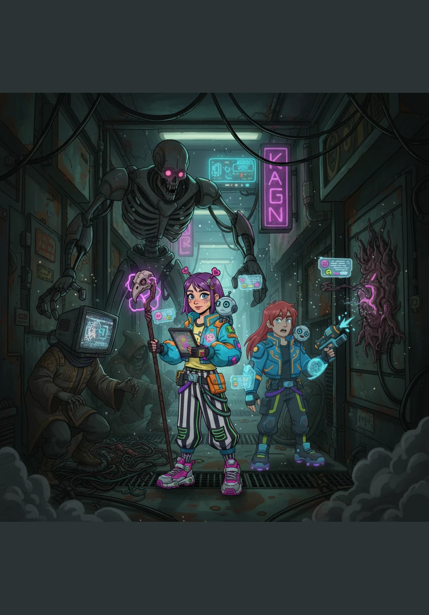 The interior corridor is a nightmare of crowded, bizarre figures and inexplicable behavior that feels both frantic and normal. Layla focuses on her task at a solitary sink, performing her ablution while a mysterious, shifting figure watches her from the shadows with a haunting intensity.