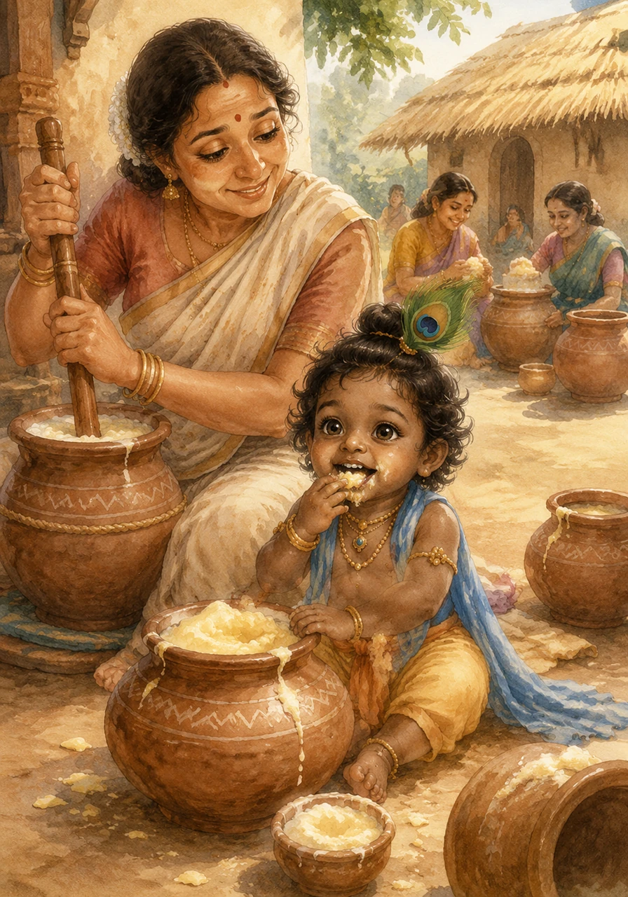 In the sun-drenched, joyful village of Vrindavan, a dark-skinned boy with eyes like lotus petals and a peacock feather in his hair was the center of everyone's world. Little Krishna loved nothing more than the golden, freshly churned butter made by the village milkmaids.