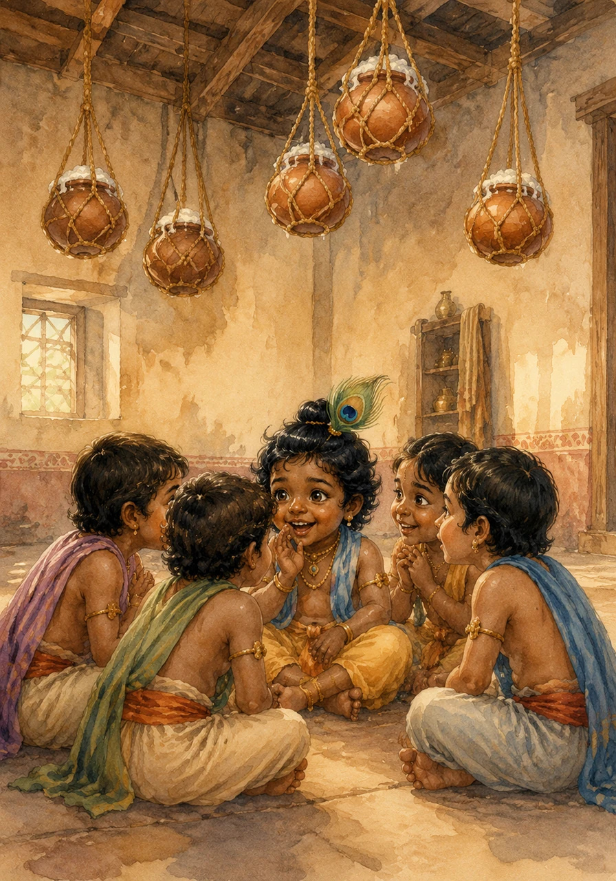 Though his mother, Yashoda, kept the butter pots tied high up near the ceiling, Krishna always found a way to reach them. He gathered his neighborhood friends and whispered a clever plan, his eyes sparkling with delightful mischief.