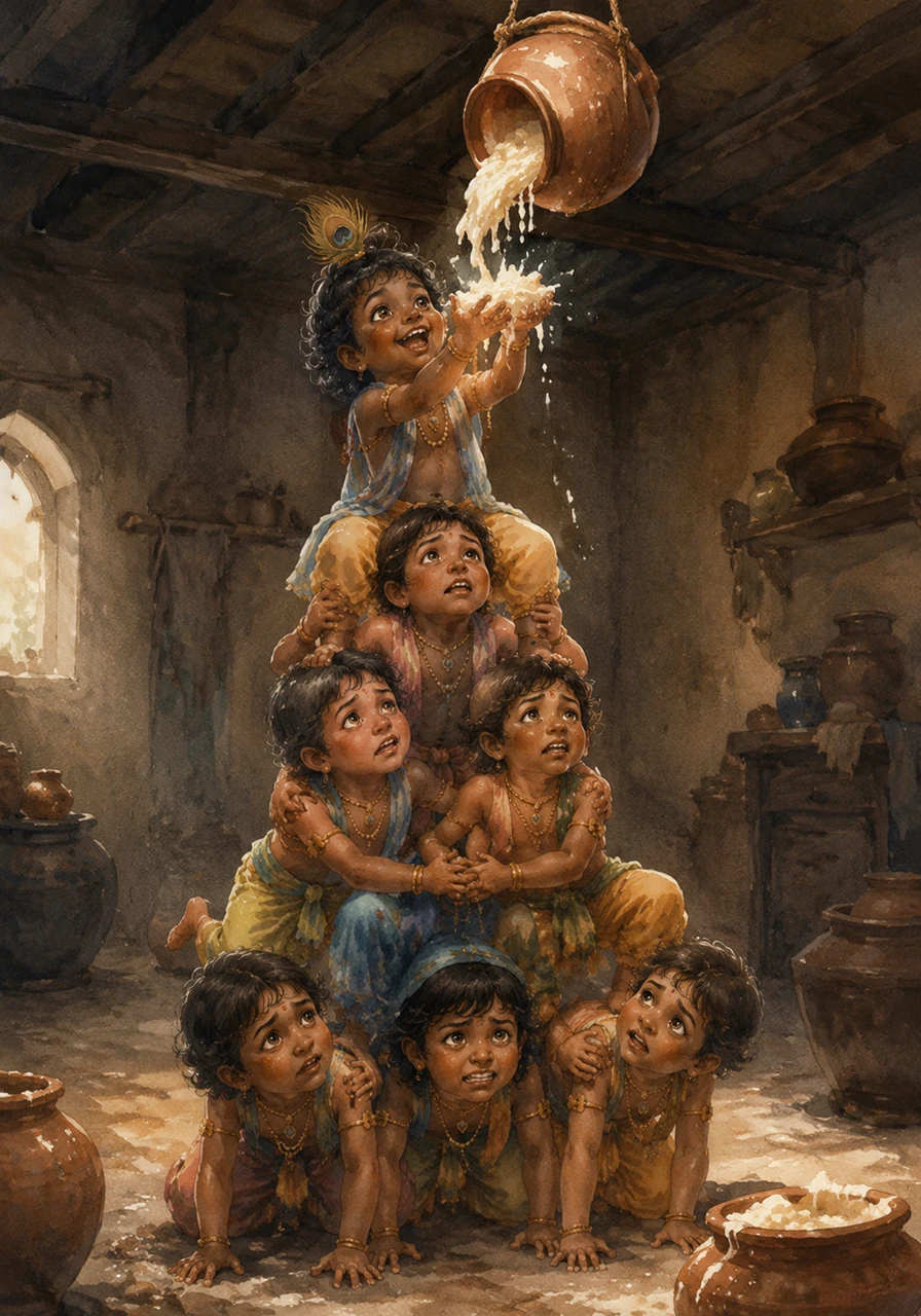 Stealing into a quiet kitchen, the children formed a trembling human pyramid, wobbling under each other's weight. Krishna climbed to the very top, laughing silently as he tipped over the heavy clay pot to catch the rich, creamy treasure.