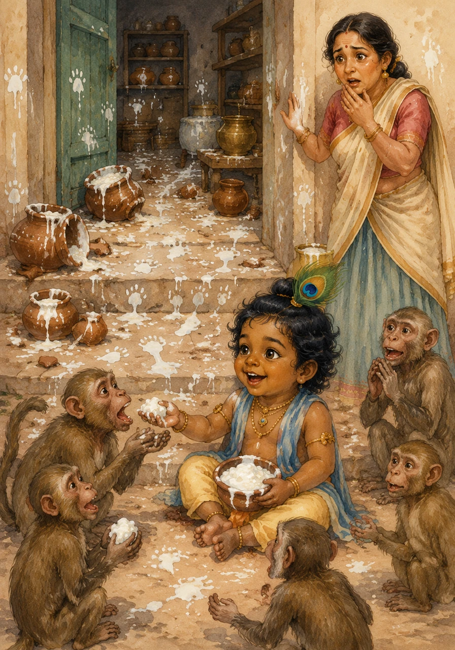 The milkmaids returned to find their kitchen in chaos, with paw prints of monkeys and tiny footprints of children coated in white cream. Krishna sat outside, happily feeding the leftover butter to a group of chattering monkeys who praised him as their king.