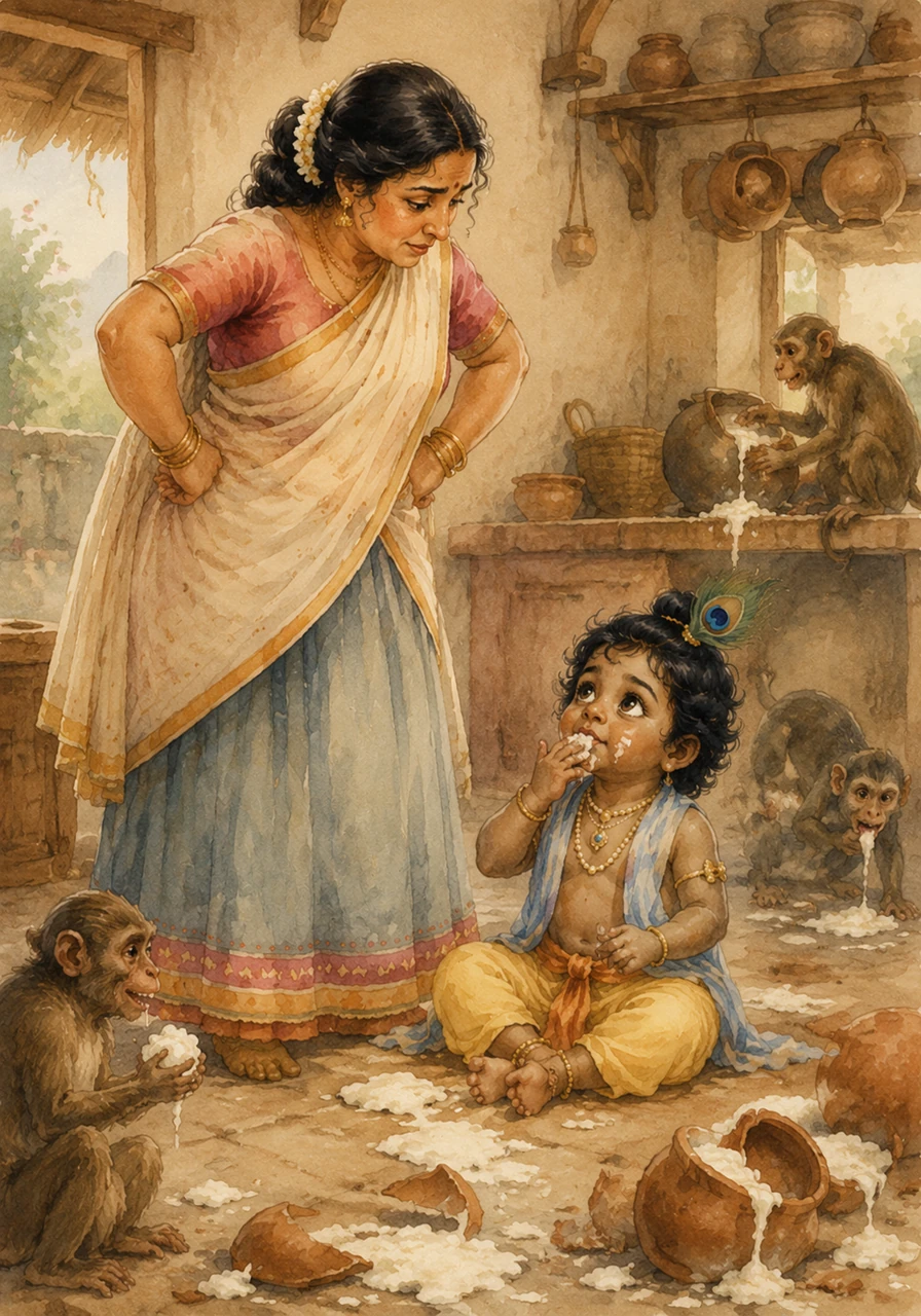 When Mother Yashoda arrived to scold him, Krishna quickly wiped his mouth and looked up with wide, innocent eyes. He insisted that he was completely blameless and that the naughty monkeys had caused all the trouble.