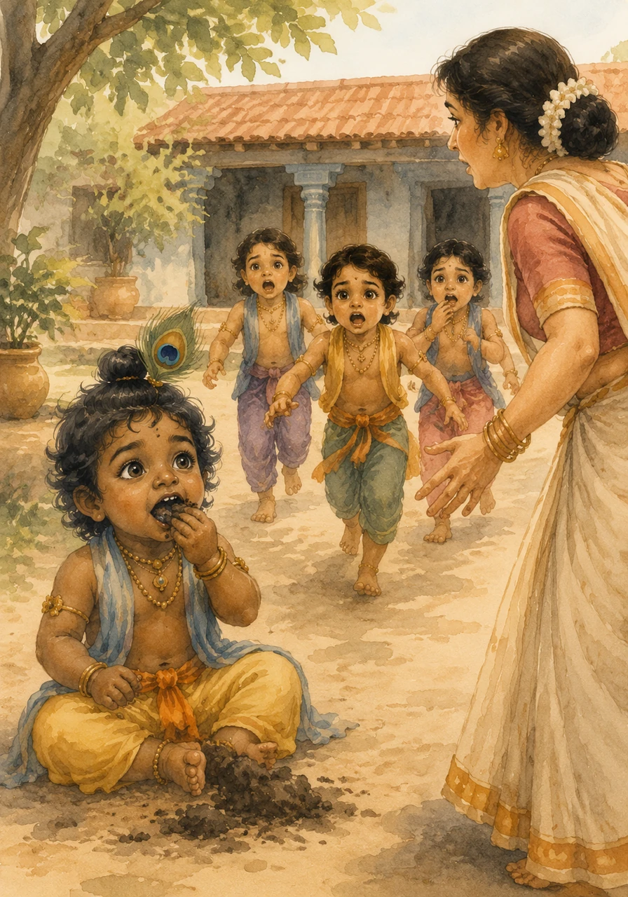 One sunny afternoon while playing in the courtyard, Krishna playfully scooped up a handful of dark, rich earth and popped it into his mouth. His friends gasped and immediately ran to tell Mother Yashoda about his strange snack.