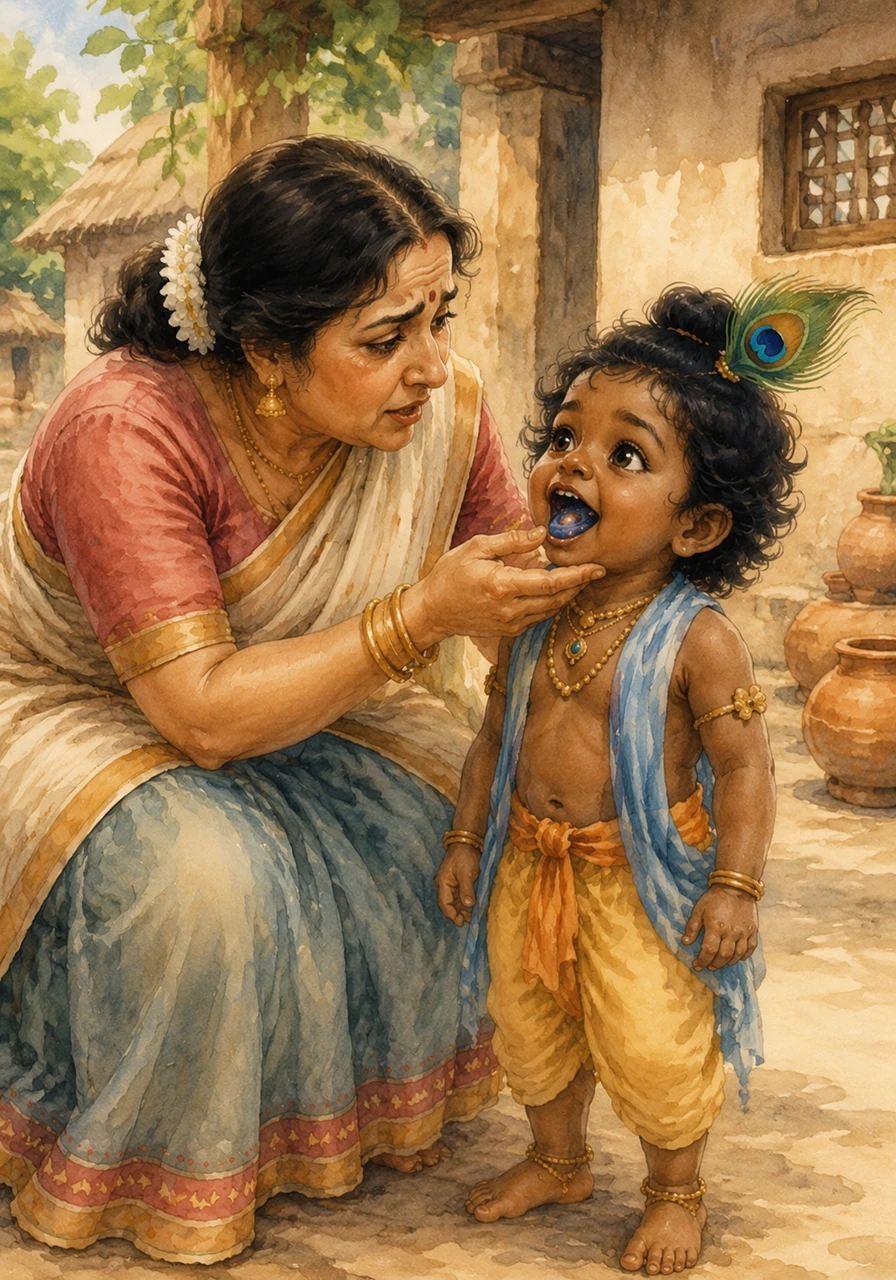 Yashoda rushed over, her face a mix of worry and sternness, and demanded that her son open his mouth to prove he hadn't been eating dirt. Krishna smiled gently, completely unafraid, and stood ready to reveal a secret.