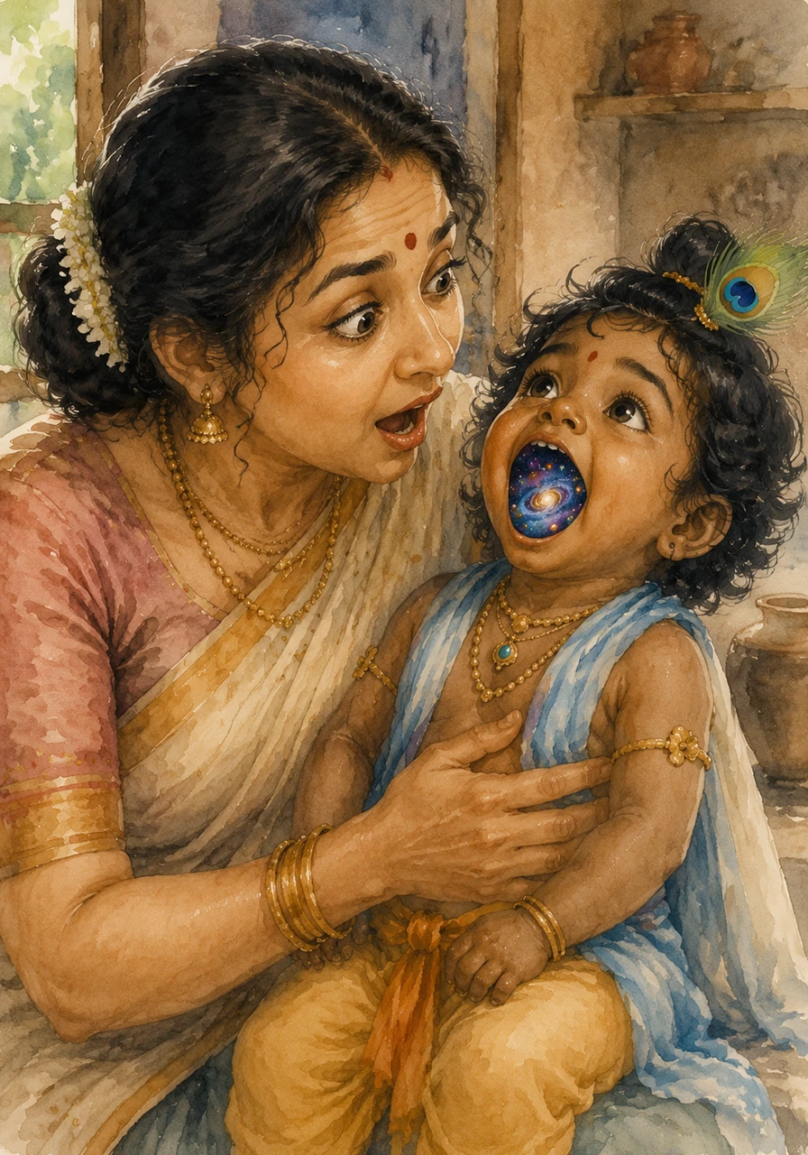 As Krishna opened his small mouth, Yashoda did not see dirt or mud at all. Instead, she gasped in absolute wonder as she gazed upon the entire glittering universe spinning inside him, filled with swirling galaxies, distant planets, and brilliant stars.