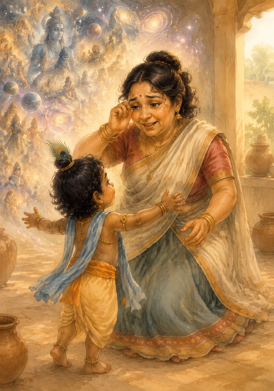 Yashoda rubbed her eyes in disbelief, realizing that her mischievous little boy was actually the divine protector of the world, full of infinite wisdom. The cosmic vision faded, leaving behind only her sweet, smiling child waiting for a hug.