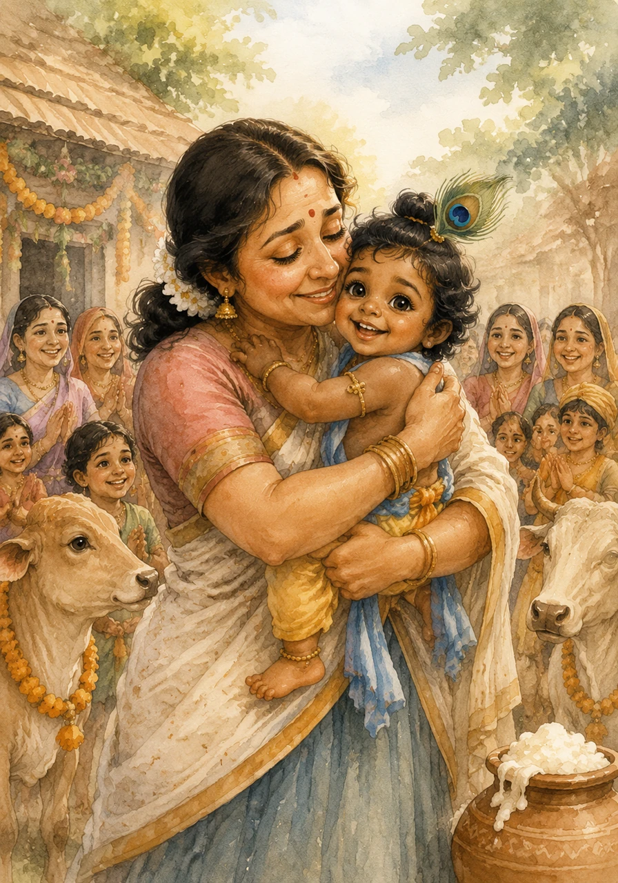 Scooping Krishna into her arms, Yashoda flooded him with love, realizing that his playful pranks were just a way to bring joy to everyone around him. From that day on, the village of Vrindavan celebrated the clever, butter-loving boy who carried the whole universe in his heart.
