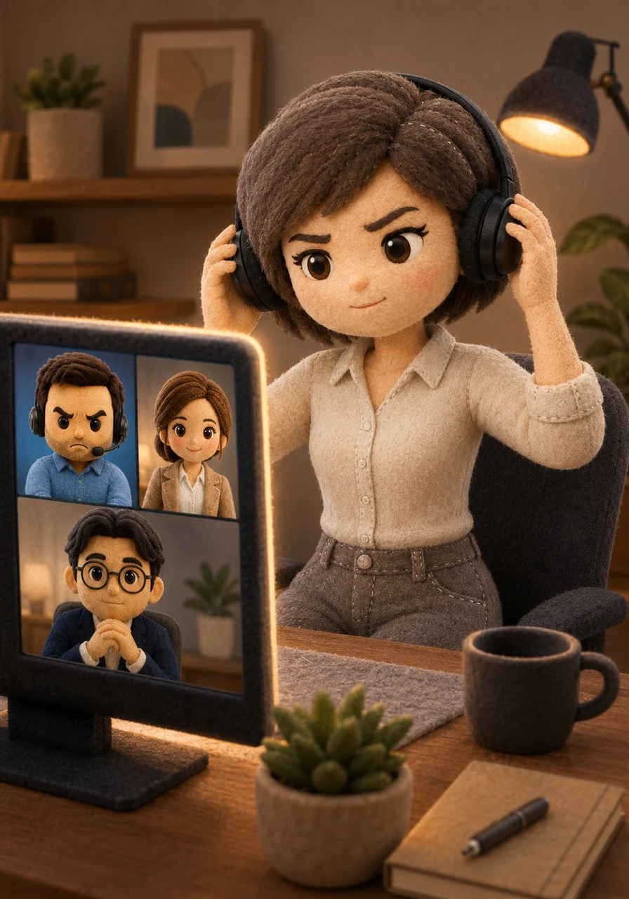 Laura se ajusta los auriculares frente a su monitor, lista para la primera reunión de un gran proyecto. En la pantalla, las ventanas de sus compañeros y el cliente se iluminan, marcando el inicio de una nueva aventura tecnológica llena de expectativas.