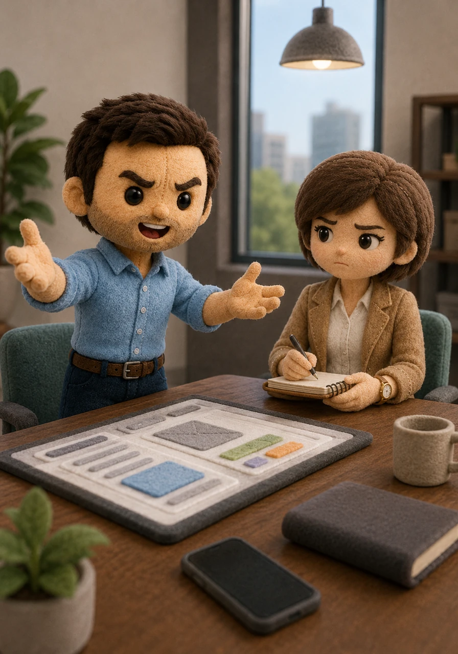 Andrés, el cliente, gesticula con entusiasmo mientras describe su visión de una plataforma moderna e intuitiva, comparándola con grandes servicios de streaming. Laura observa con atención y toma notas, pero su ceño se frunce al notar que las peticiones son tan amplias y vagas como un océano sin orillas.