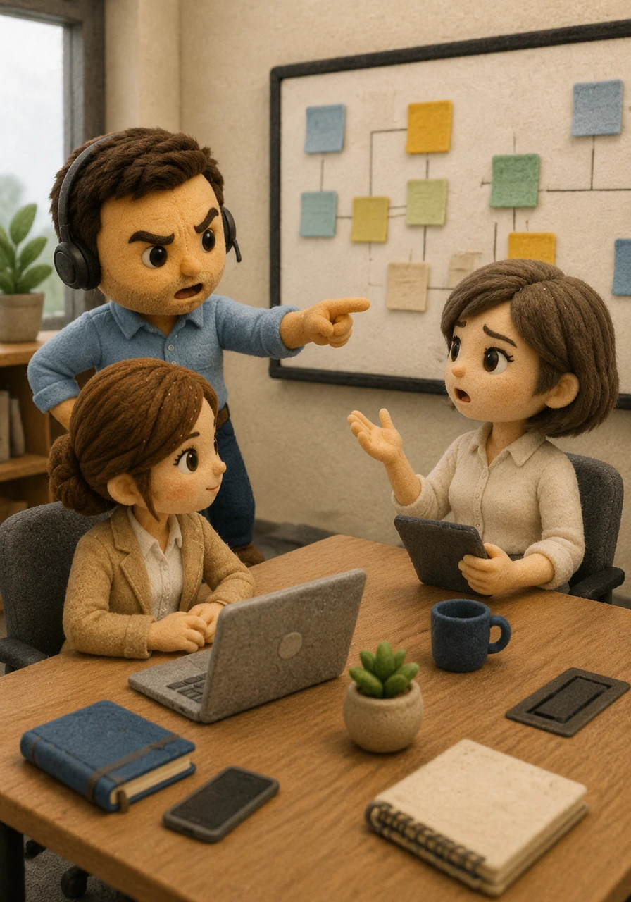 En la reunión de planificación, Carlos le asigna a Laura la tarea de crear el módulo principal de usuarios, insistiendo en que es un proceso sencillo. Laura intenta pedir detalles sobre los roles y permisos específicos, pero la prisa del líder técnico deja sus preguntas flotando en el aire sin una respuesta clara.