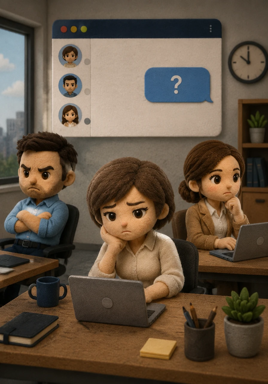 El chat del equipo permanece en silencio absoluto después de que Laura envía una pregunta crucial sobre la autenticación de seguridad. Las horas pasan y la falta de respuesta oportuna crea un vacío de información que empieza a ralentizar el ritmo del desarrollo.