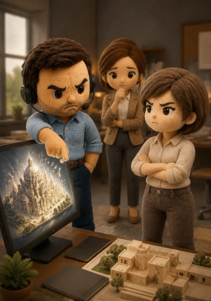Durante la revisión de avance, Carlos observa la pantalla con desaprobación y menciona una arquitectura que nunca fue documentada formalmente. Laura defiende su trabajo con firmeza, evidenciando que lo que para el líder es obvio, para el resto del equipo ha sido un misterio sin resolver.