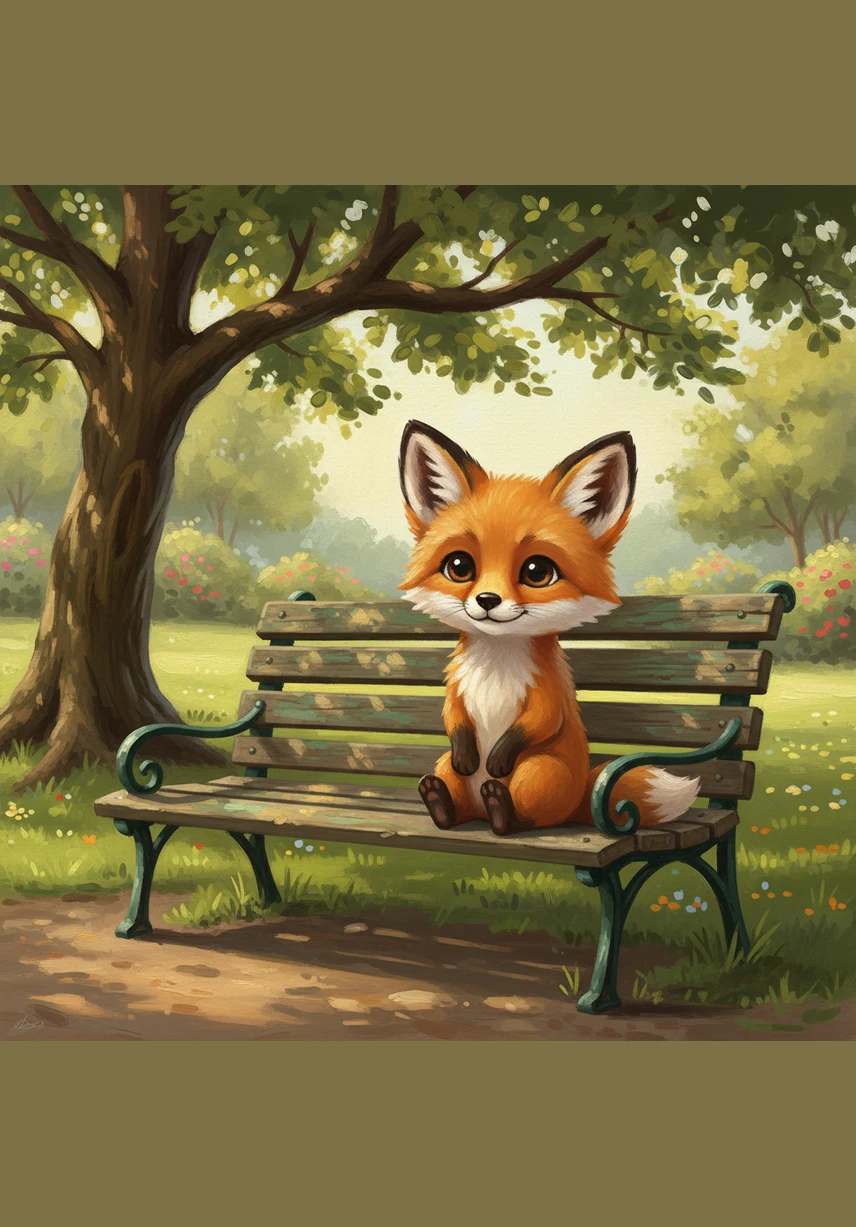 Finnegan the little fox sits alone on a weathered park bench, watching the golden autumn leaves drift slowly to the ground. The park is vast and beautiful, but he feels a tiny bit sad because he has no one to share his adventures with.