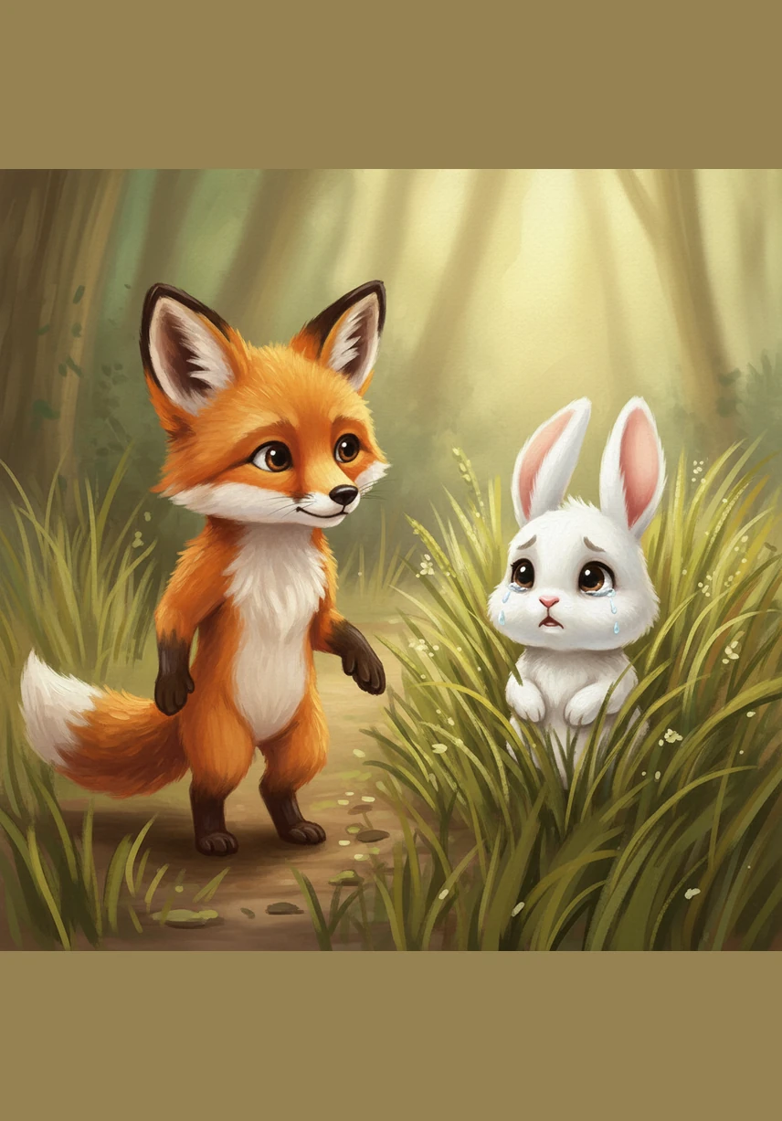A soft rustling sound comes from a nearby patch of tall, swaying grass, catching Finnegan's attention. A small, white bunny named Pip peeks out from the greenery, his nose twitching with worry and his big eyes filled with tears.