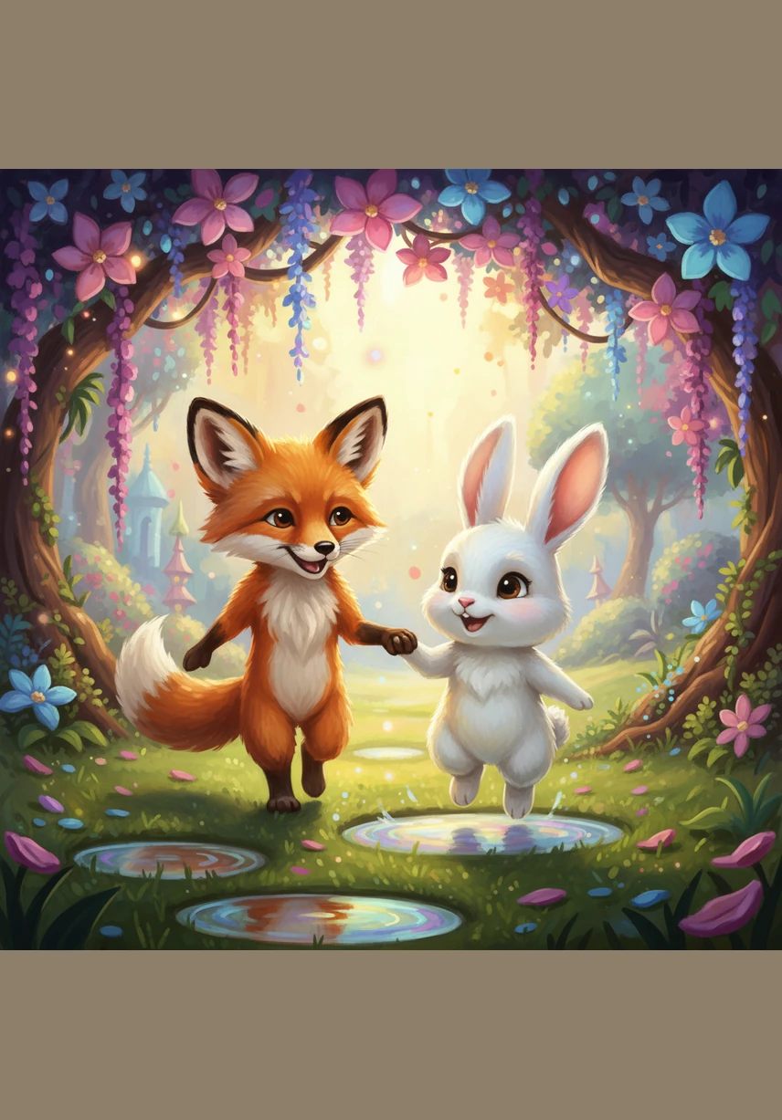 The two new friends stroll through the park together, hopping over small puddles and scurrying under low-hanging flower branches. As they talk and laugh about their favorite games, the park starts to feel like a much more magical and happy place.