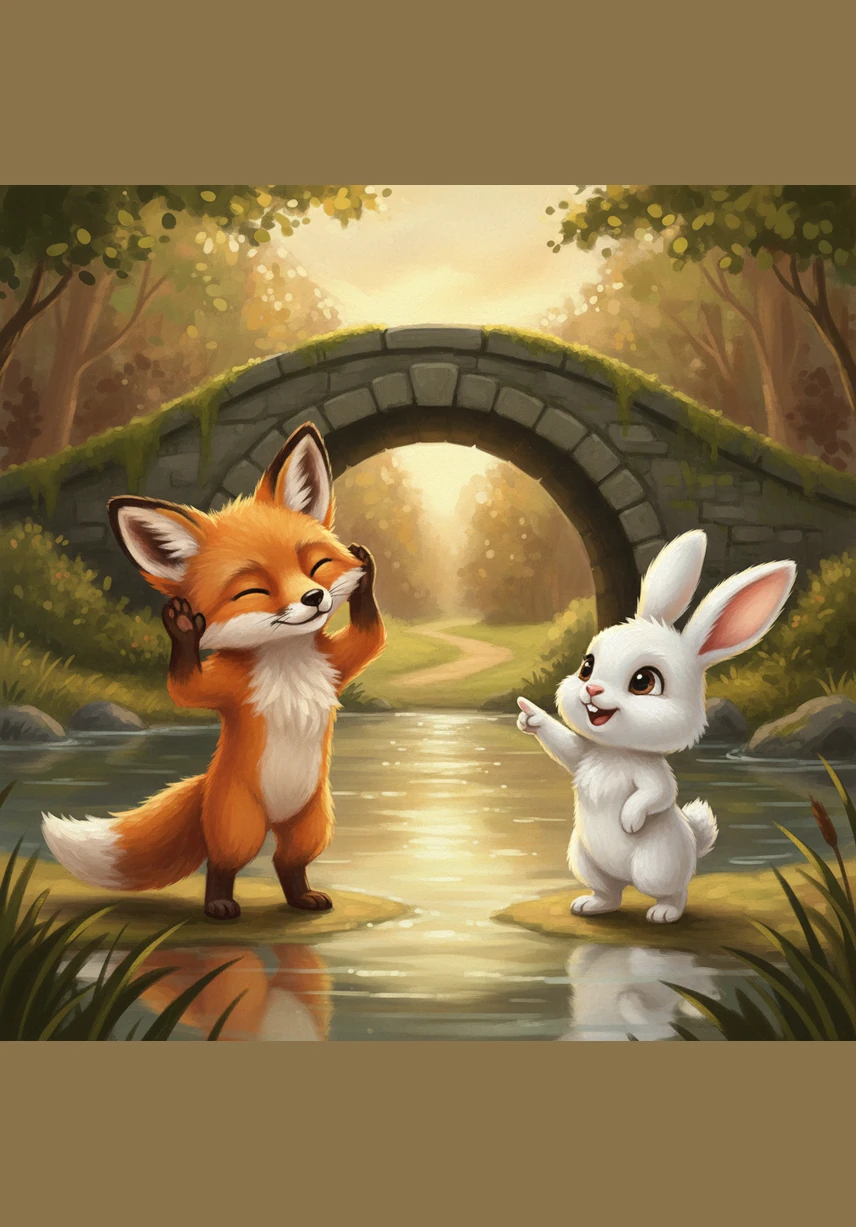 They stop by a shimmering pond where Finnegan uses his clever fox ears to listen for the distant sound of other bunnies. Pip points toward an old stone bridge, suddenly remembering that his home is somewhere just beyond the mossy archway.