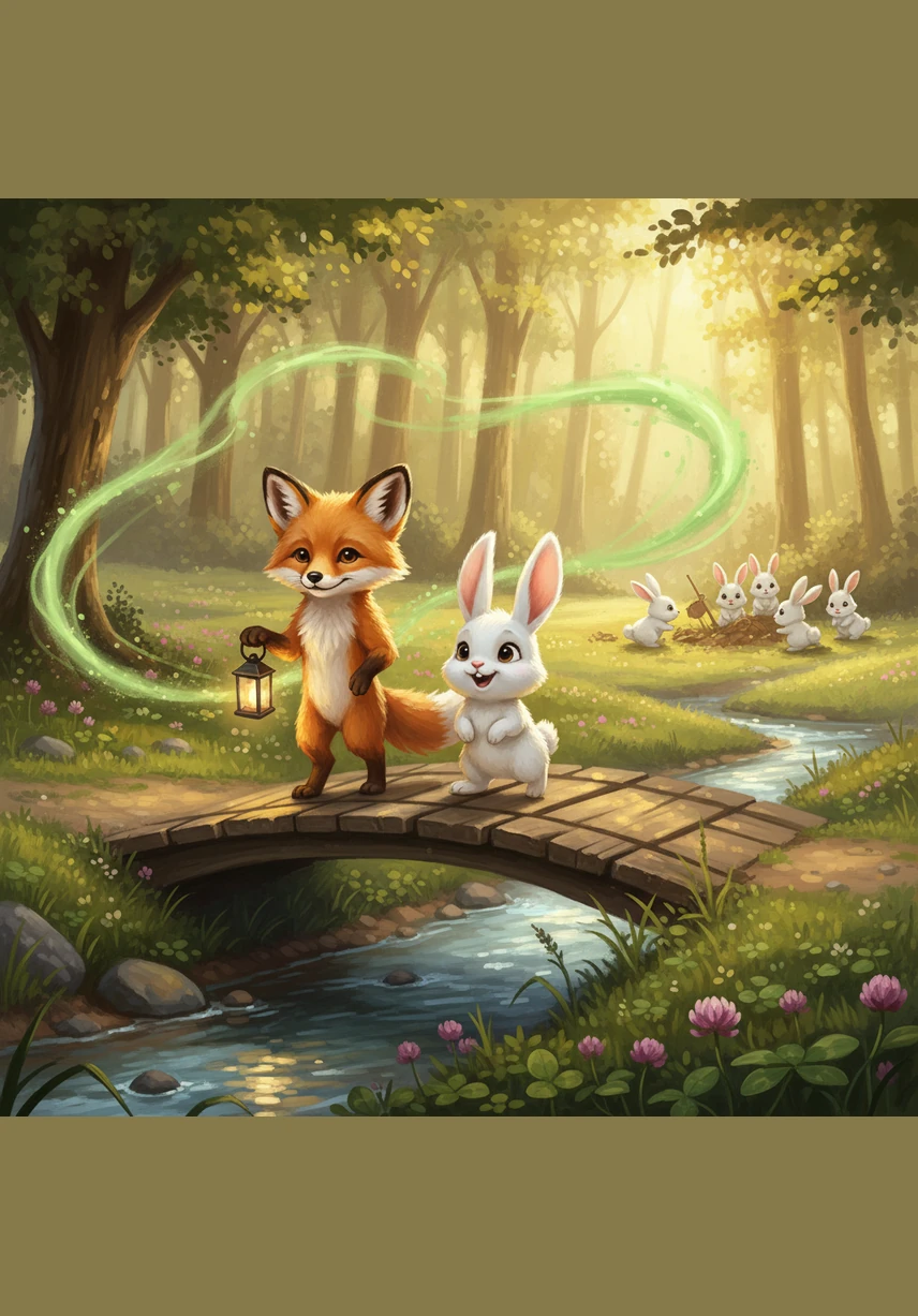 As they cross the bridge, the sweet scent of wild clover fills the air, making Pip's ears perk up with sudden excitement. They see a group of bunnies in the distance, searching frantically near the edge of the sun-drenched woods.