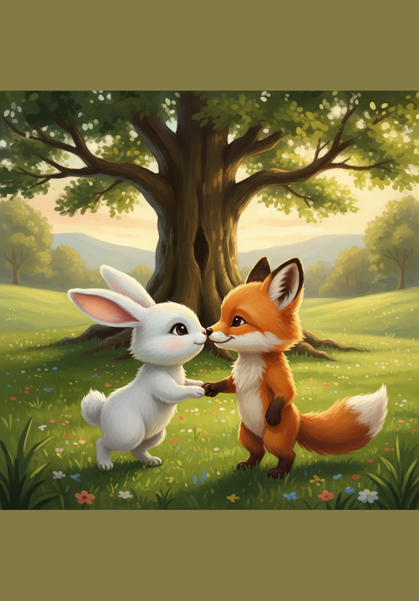 Pip runs back to Finnegan and gives him a quick, soft nuzzle on the nose as a special thank you. They make a pinky-promise to meet at the big oak tree every single afternoon to play and explore the park together.