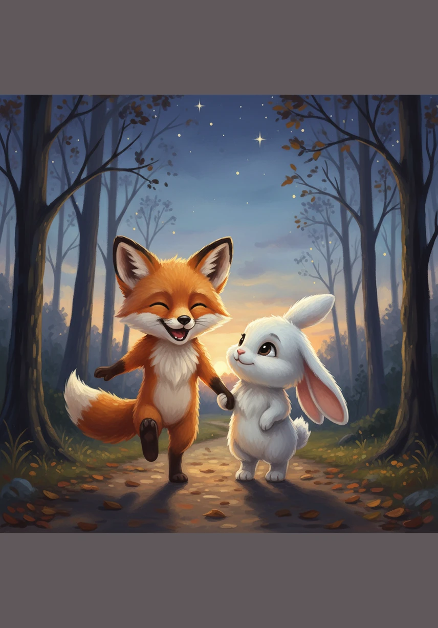 As the first twinkling stars appear in the evening sky, Finnegan walks home with a joyful skip in his step. He isn't a lonely fox anymore, because he finally found the best friend he had always dreamed of finding.