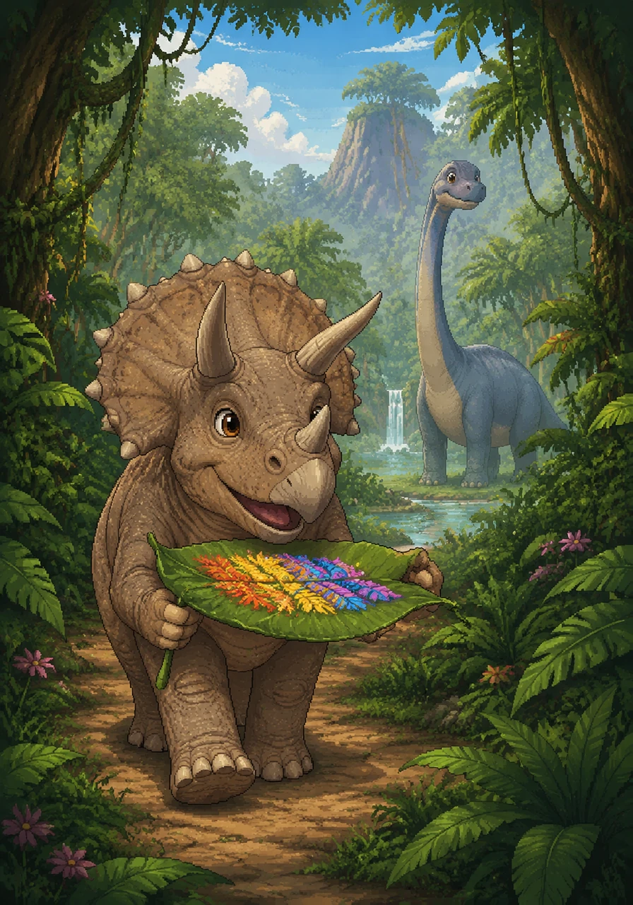 Erick, el fuerte y aventurero Triceratop, camina alegremente por la densa selva prehistórica, llevando una gran hoja decorada con colores brillantes. Está en busca de su querida Dome, la Brontosaurus más hermosa que ha conocido, para celebrar una fecha muy especial: sus tres meses juntos.