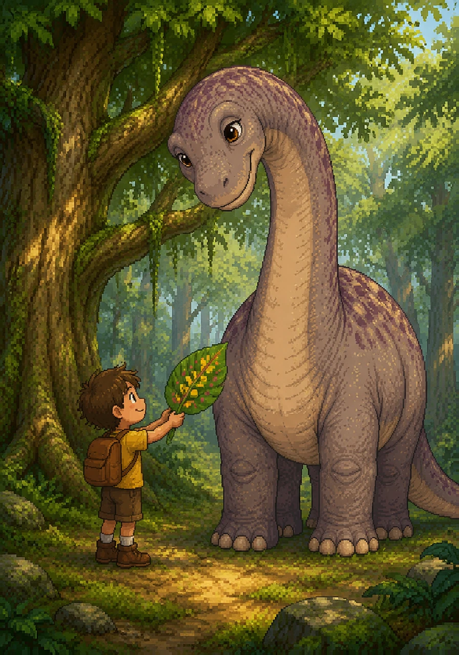 Bajo la sombra de los árboles gigantes, Erick encuentra a Dome, una Brontosaurus de cuello largo y mirada dulce. Dome está pacíficamente comiendo hojas cuando Erick se acerca con la hoja decorada y una sonrisa. La invitación escrita en la hoja los cita para un pícnic.