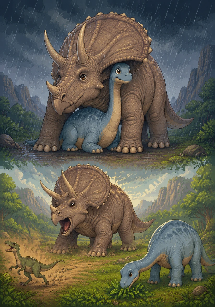 Dome, la Brontosaurus, recuerda cómo Erick siempre la protege. En un panel, se la ve bajo la lluvia, con Erick el Triceratop extendiendo sus grandes cuernos sobre ella como un paraguas natural. En otro, él asusta a un pequeño pero molesto Compsognathus con un fuerte rugido para que ella pueda comer tranquila.