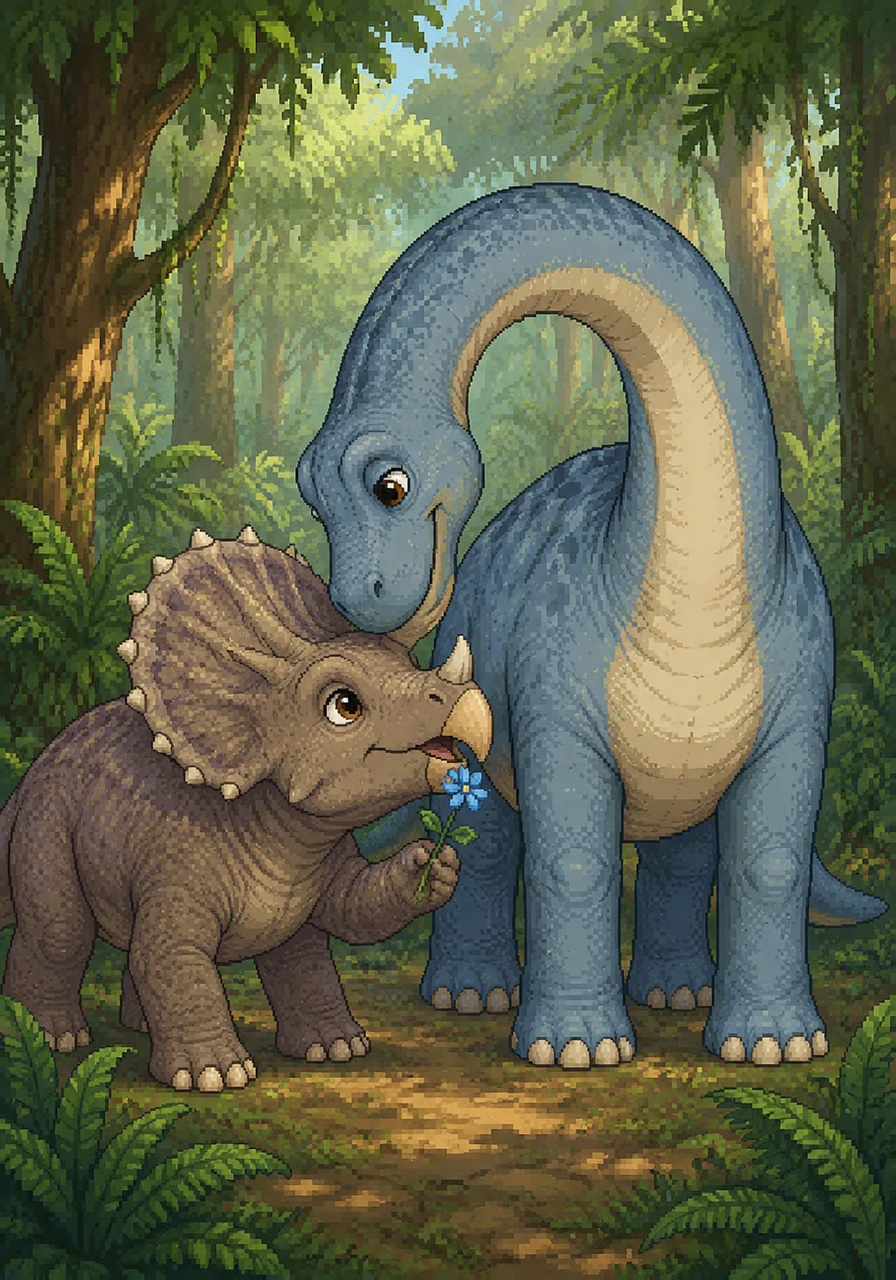 Con una mirada llena de ternura, Erick le dice a Dome: 'Eres la mejor Brontosaurus del mundo, y yo soy el Triceratop más feliz por tenerte a mi lado.' Él le entrega una pequeña flor silvestre que había recogido especialmente para ella, y ella le responde con un dulce toque de su hocico.