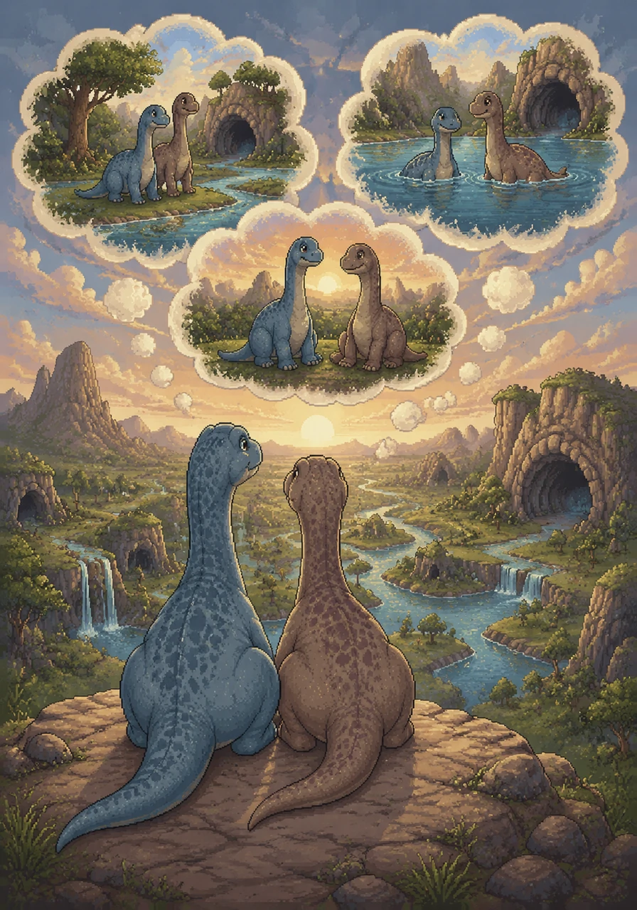 Mirando hacia el futuro, Erick y Dome imaginan todas las aventuras que vivirán juntos. Se ven a sí mismos explorando nuevas cuevas, nadando en ríos antiguos y simplemente disfrutando de la compañía del otro bajo el cielo prehistórico.